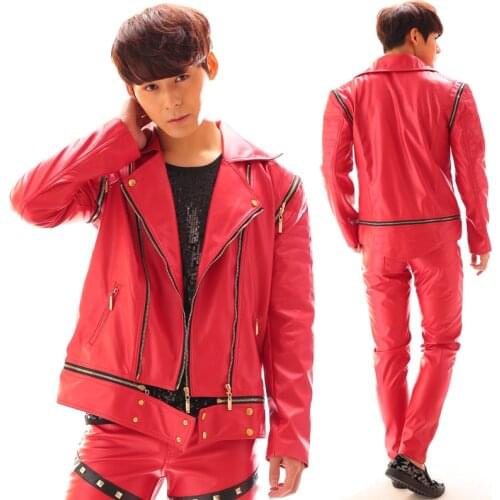 Red Jacket Nightclub Bar Male Singer Metal Zipper Leather Punk Jacket Party Performance Costume MenS Hiphop Street Wear DWY2716