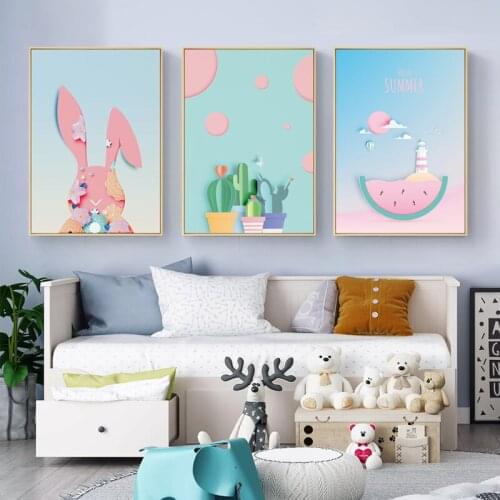 Cartoon Rabbit Watermelon Unicorn Posters and Prints Nordic Canvas Painting Wall Art Baby Room Kids Nursery Pictures Decoration