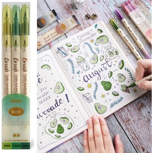 3pcs Retro color Brush Marker Pens Set Dual side Fine Liner Water Based Ink Blendable Watercolor Art Paint Drawing School