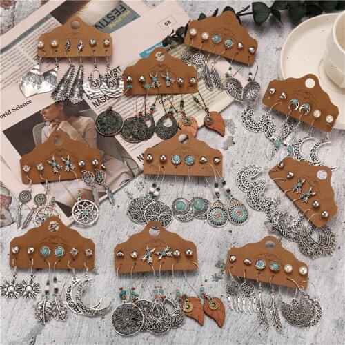 2020 Vintage Boho Ethnic Dangle Drop Earrings Set, Moon Leaf Hollow Dangle Earring,Fashion Ear Jewelry Accessories For Women