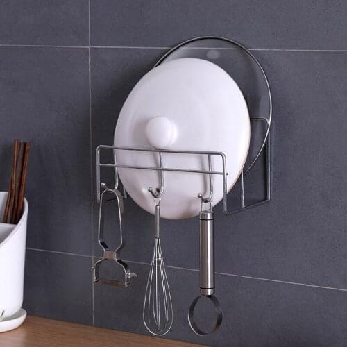 Wall Mounted Punch Free Metal Drying Pan Pot Rack Cover Multifunction Sink Spong Dish Draining Rack Pot Lid Holder For Kitchen