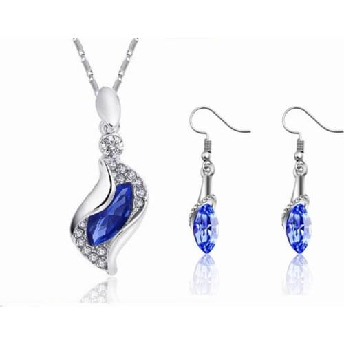 925 sterling silver necklace earrings gift, wedding womens jewelry set Fine jewelry Austria crystal treasure blue pendant