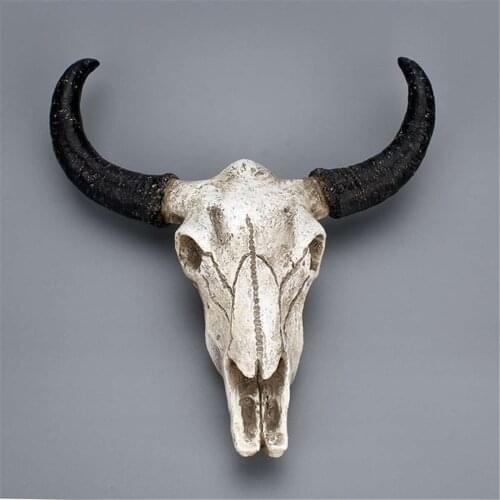Resin long horn cow skull head wall hanging decoration 3D animal wildlife sculpture doll crafts horns home decoration