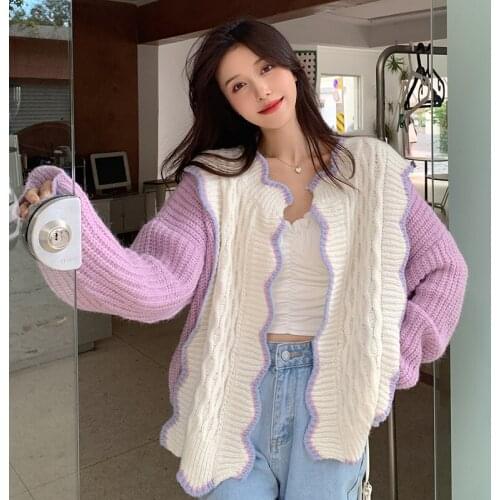 Purple Colorblock Sweater Cardigan Women Autumn Winter Warm Loose Sweater Jackets Korean Sweet Ruffled Collar Cardiagns Woman