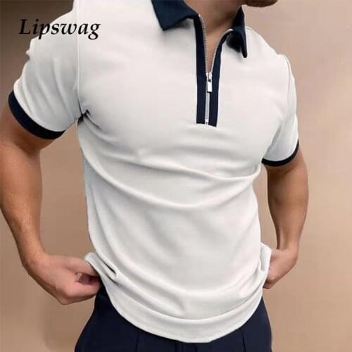 New Casual Mens Zip-up Polo Shirts 2021 Summer Short Sleeve Turn-down Collar Pullover Tops For Men Fashion Patchwork Polo Shirt