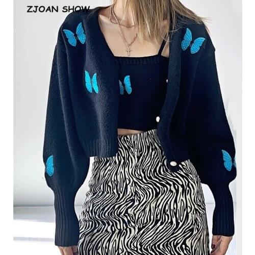 1 set Korea Style Vintage Embroidery Butterfly Cardigan Tank Top Single-breasted Button Knitted Crop Sweater Jumper
