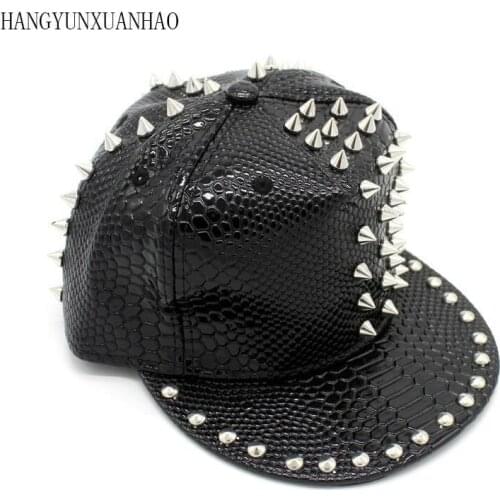 High Quality Snakeskin Grain Rivet Leather Baseball Cap Men Women Spike Studs Rivet Cap Hat Punk style Rock Hip hop Hats