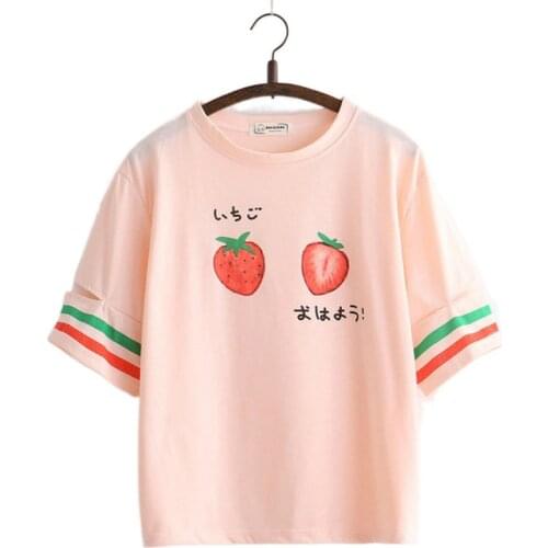 MERRY PRETTY Strawberry T-Shirt Girls Harajuku T Shirt Women Short Sleeve O-Neck Cotton T-shirt Striped Cartoon Print Tops Tee
