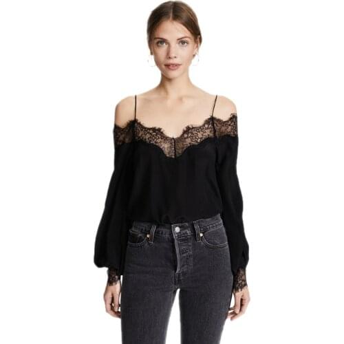 Black Sexy Lace Patchwork Blouse Tops Womens Slash Neck Long Sleeve Backless Strap Elegant OL Shirt Femme Clothes