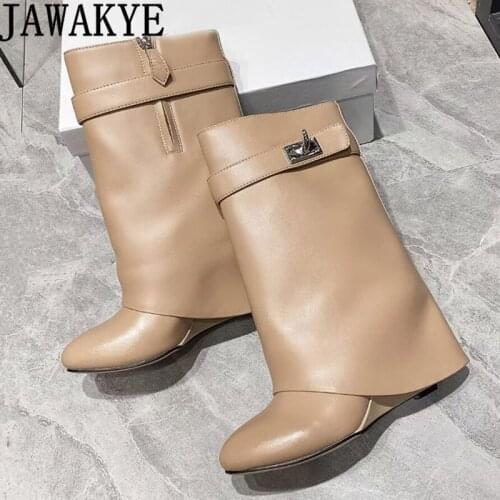 Internal Increase Height Wedges heel boots Nude Black Fashion Week Boots Winter Western Knee high Boots mujer