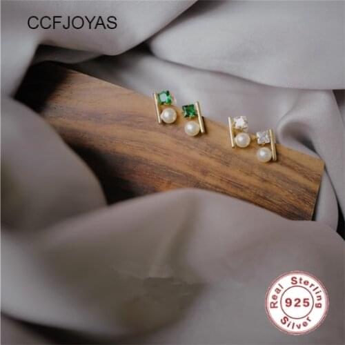 CCFJOYAS High Quality 925 Sterling Silver Mini Green/White Zircon Pearl Stud Earrings for Women Simple Wedding/Party Jewelry