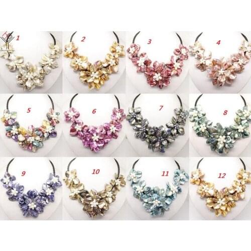 11 colors wedding Women Jewelry natural pearl 5 flower pendant bright shell mother of pearl necklace black leather 18"