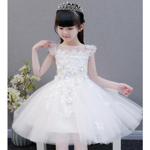 2019 High Quality Handmade Lace White Girl Dress With Flowers Girls Clothes short Sleeve white Childrens Clothing wedding dress