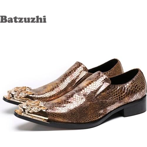 Batzuzhi Brand Iitaly Fashion Men Shoes Gold Metal Tip Leather Dress Shoes Party Wedding Oxfords Men Snakeskin Leather Pattern