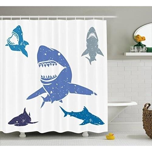 Sea Animal Decor Shower Curtain Grunge Style Big and Small Sharks with Open Mouth Predator Jaws Image Bath Curtain For Bathroom