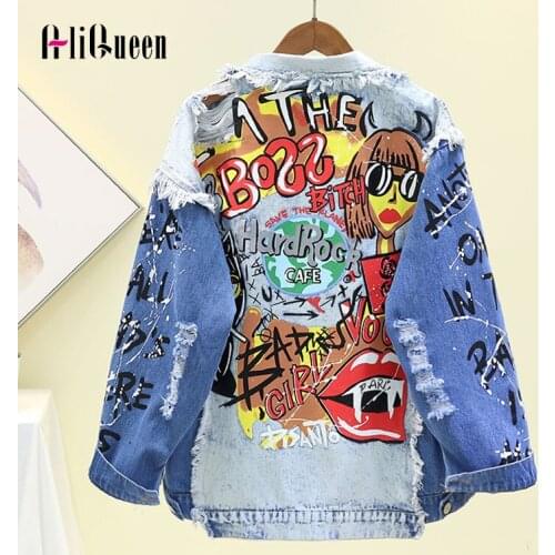 Spring Autumn Women Jeans Jacket Graffiti Alphabet Printing Frayed Holes Denim Jacket Student Basic Oversized Coat Streetwear