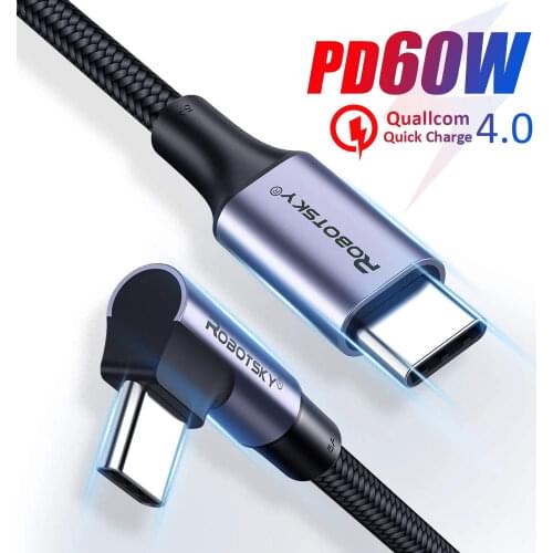 90 Degree Elbow USB Type C to USB C Cable For Samsung Xiaomi Redmi Note 10 8 Macbook 60W Fast Quick Charger Cord PD Type-c Cable