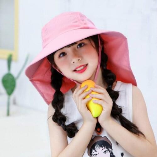 Wide brim kids fishing cap with string casual UV protection neck cover sun hat children sunscreen summer bucket hat beach cap