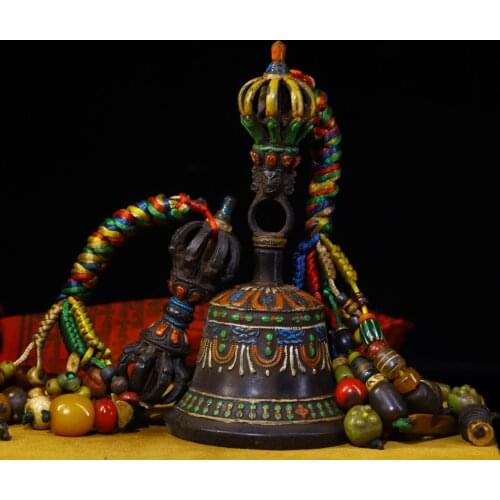 8"Tibet Temple Collection Old Bronze Engraved Tracing Mahakala head statue Old rattle Vajra set Pendant gem Bells Town House