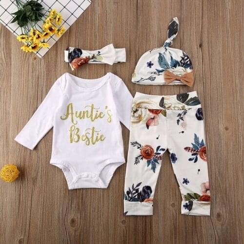 4Pcs Set Newborn Kids Baby Girls Clothes Romper Flower Pants Hat Headwear Outfit Autumn Spring Baby Set