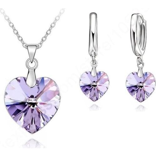 Romantic Violet SW Crystal Ocean Heart 925 Sterling Silver Pendant Necklace Earring Fine Jewelry Set With Lever Back Earring