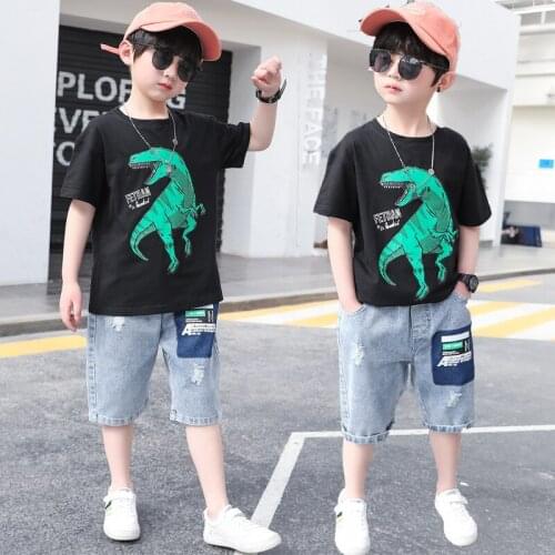 Summer Casual Kids Baby Boys Clothes 2PCS Dinosaur Print Short Sleeve T-Shirts Tops+ Jeans Shorts Two-piece Children Sports Suit