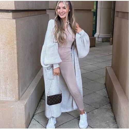 Fashion Oversized Long Knit Cardigan Sweater Women Casual Elegant Loose Pocket Down Jacket Autumn and Winter