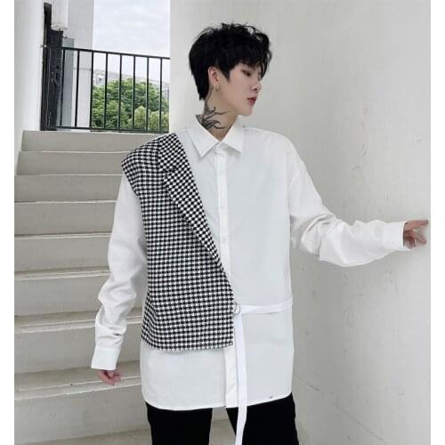 High street shirt men Long sleeves Black White color Patchwork Stage DJ clothing Spring Autumn