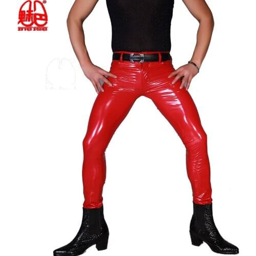 Mans Sexy PVC Shiny Pencil Pants Faux Leather Punk Tight Elastic Zipper Moto Trouser Nightclub Gay Plus Size Latex Stage Outfit