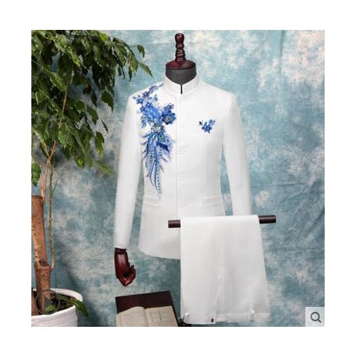 Mens Chinese tunic suit set with pants wedding suit Sequin embroidery singer chorus stage stand collar trajes para hombre white