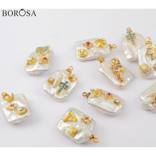 BOROSA Natural Pearl Jewelry, 10Pcs Gild Freeform Freshwater Pearl Beads with Multi CZ Charm Mixed for Earring Jewelry G1911