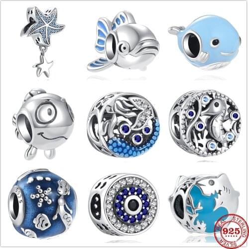Summer New Whale Dolphin Mermaid Starfish Seahorse Silver 925 Charm Bead Fit Original Pandora Bracelets DIY Ocean Series Jewelry