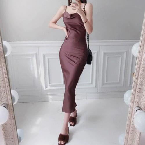 New Arrival Fashion Summer Midi Party Dress Vacation Clothes Women OL Temperament Elegant Sexy Strap Acetate Satin Beach Dress