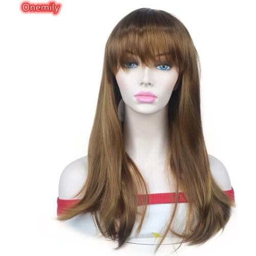 Onemily Ombre Auburn Long Silky Straight Wigs with Bangs Heat Friendly Synthetic Natural Women Wig for Daily Wear