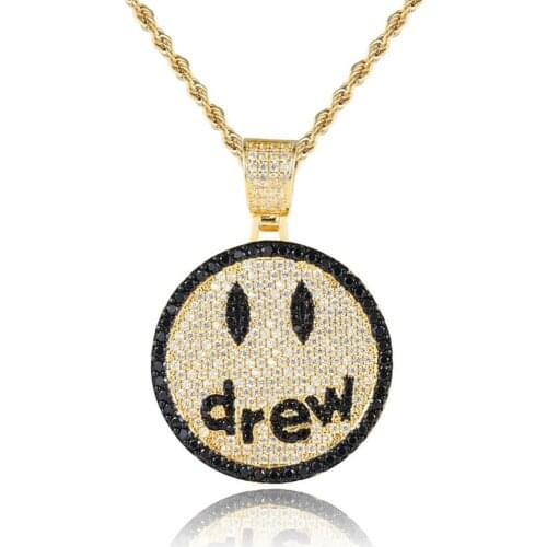 Hip Hop Smiley Face Drew Iced Out Rhinestone Crystal Necklace Jewelry with Rope Chain Street Dance Gift