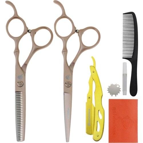 5.5" Barber Rose Gold Haircut Barber Razor Japanese Hair Cutting Scissors Hairdresser Supplies 440C Salon Thinning Shears Kit