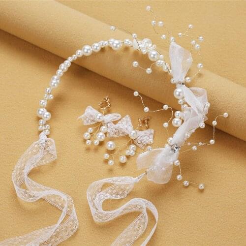 White Simple Big Pearl Headband Hair Band Wedding Hair Accessories Bow Bridal Headdress Earrings Set Wedding Accessories