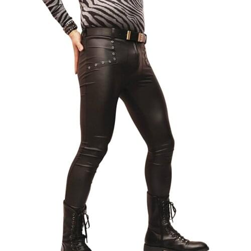 Sexy Men Latex Faux Leather Skinny Tight Pants Matte Shiny Fashion Pencil Pants Punk Hollow Legging Pants Gay Wear F115