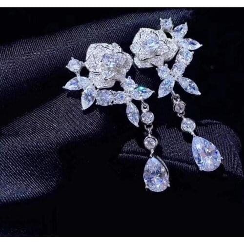 925 sterling silver with cubic zircon rose flower drop earring cute fine women & girl jewelry wedding party free shipping