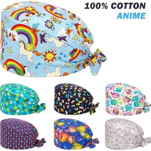 Unisex Scrub Cap 100% Cotton Anime Printing Nursing Hats Adjustable Tie Back Beauty Salon Pet Shop Lab Working Surgicals Caps