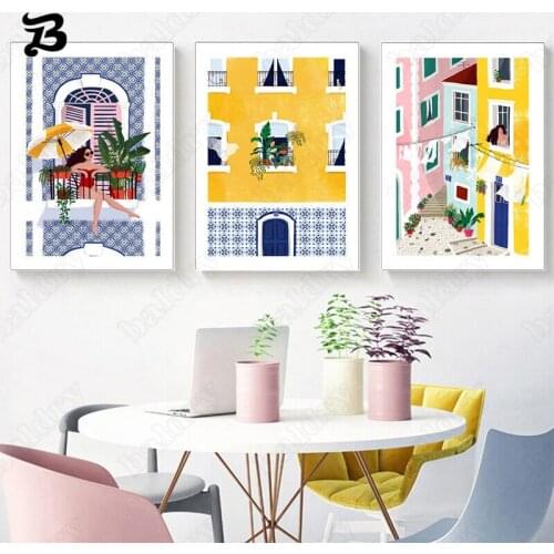 Modern Wall Art Travel Pictures Abstract Art Figures and Colorful Buildings Canvas Painting for Living Room Home Art Decoration