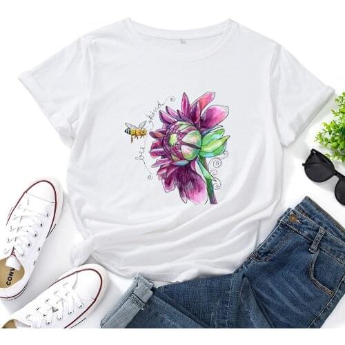 A Little Kind Women T Shirt Bee Flower Pattern Printed Women T-shirt All-match Casual Tshirt Femme Loose Short Sleeve Top