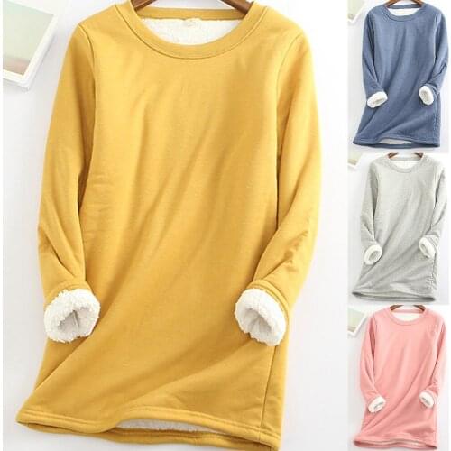 Fashion Women Autumn Winter Long Sleeve O Neck Fleece Lining Thermal Warm Blouse