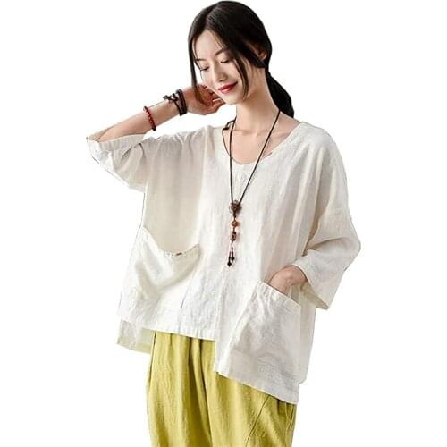Shanghai Story Women Cotton Linen Casual Loose Shirt Solid 3/4 Sleeve Blouse Tops with Pocket 2 Color