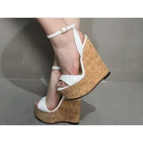 Moraima Snc Fashion White Leather Woman Sandals Summer Peep Toe Platform Wedge Shoes Rome Style Ankle Strap Dress Heels