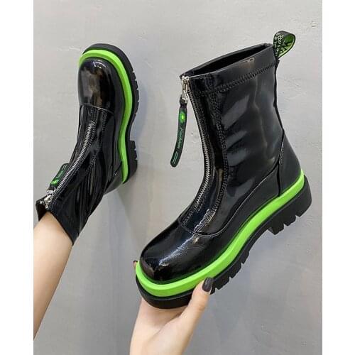 Women Leather Boots Fashion Handmade Cow Leather Patent Leather Short Boots Front Zipper Platform Short Boots Tube Circ