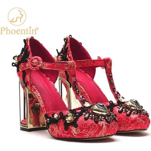 Phoentin Red Wedding Shoes Women Vintage Heart Shape Shoe Accessories Crystal T-Strap Pumps Lady High Heels Fashion 2021 FT1324