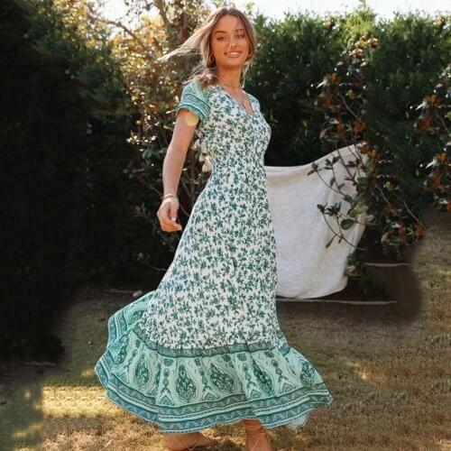 Women summer boho maxi dress 2020 new flower print long dresses casual v neck beach dress vintage button green dress vestidos