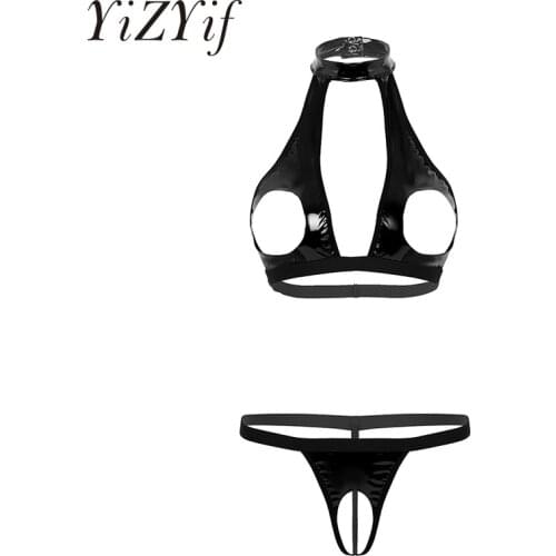 Women Sexy Lingerie Open Bra Wet Look Faux Leather Halter Neck Hollow Out Bust Bra Top with Crotchless G-string Thongs Underwear