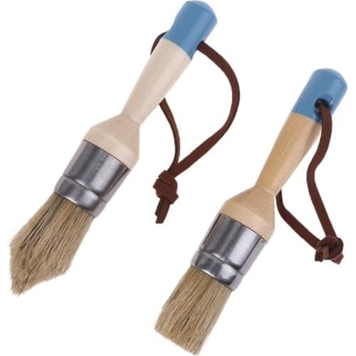 2 Pcs Round and Pointed Chalk Paint Wax Brush Ergonomic Wood Handle Natural Bristle Brushes Furniture DIY Painting Waxing M13